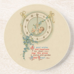 Posavasos De Arenisca Reloj Antiguo Bebé de Año Nuevo