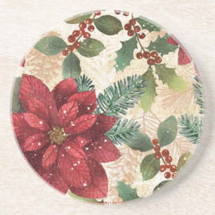 Posavasos De Arenisca Retro 50 Poinsettia Crema Verde Rojo