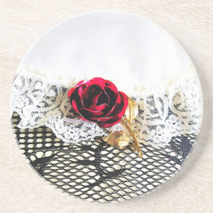 Posavasos De Arenisca Rojo romántico y encaje blanco