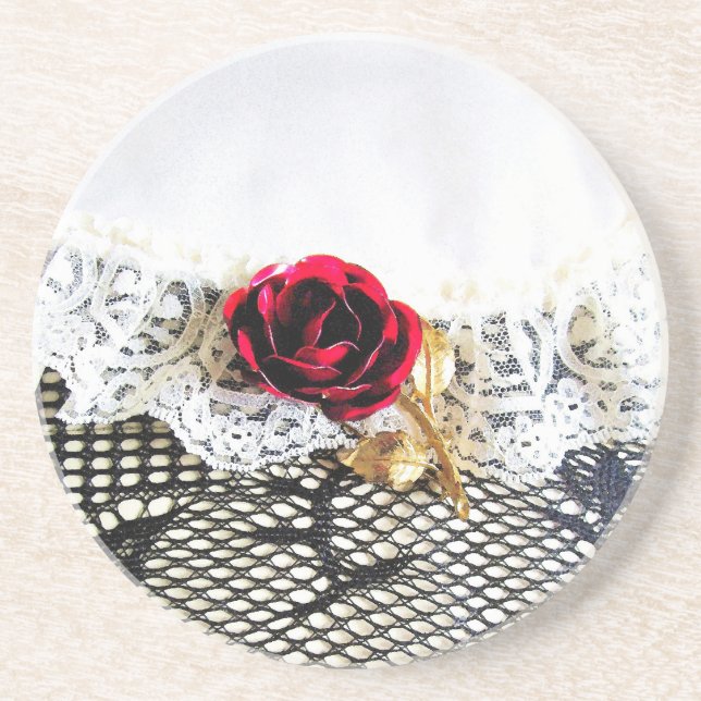 Posavasos De Arenisca Rojo romántico y encaje blanco (Frente)