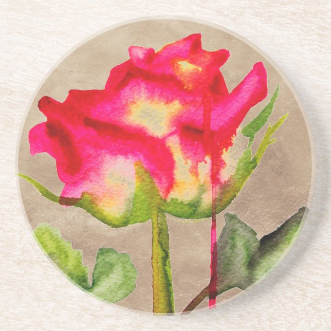 Posavasos De Arenisca Rosa de té híbrido acuarela arte floral moderno (Frente)