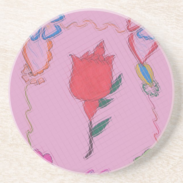 Posavasos De Arenisca Rosa roja sobre rosa: imagen de borde floral/gráfi (Frente)
