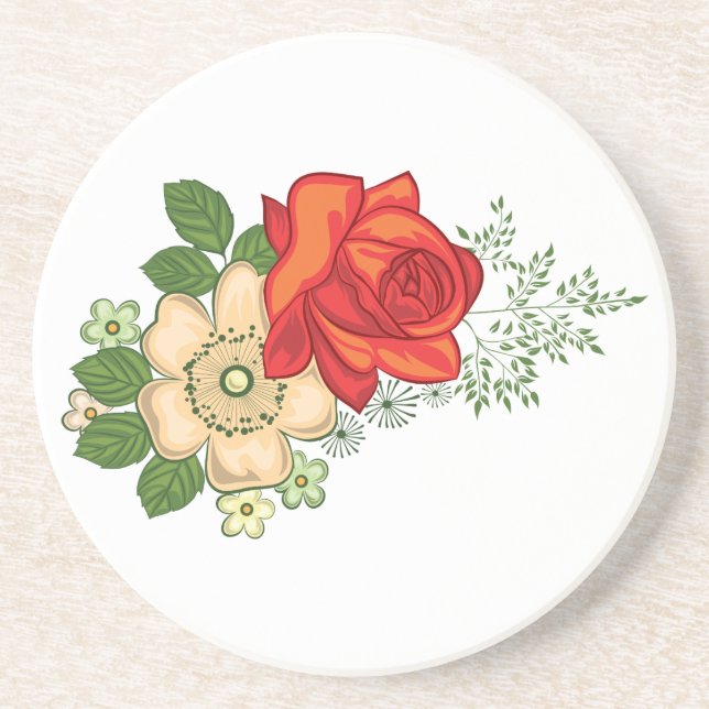 Posavasos De Arenisca Rosa Roja y Daisies (Frente)