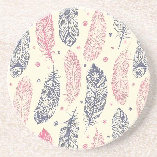 Posavasos De Arenisca Rosa y modelo étnico púrpura de la pluma (Frente)