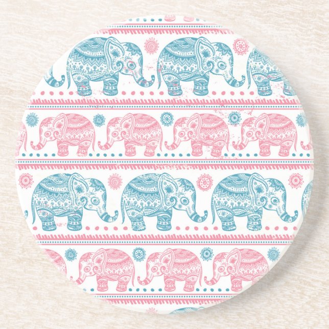 Posavasos De Arenisca Rosa y modelo étnico verde azulado del elefante (Frente)