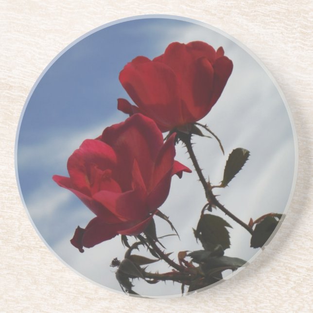 Posavasos De Arenisca Roses rojos contra un brillante cielo azul (Frente)