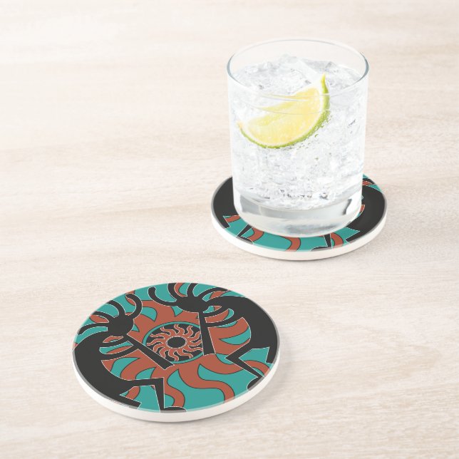 Posavasos De Arenisca Rustic Southwestern Kokopelli Turquoise (Lado)