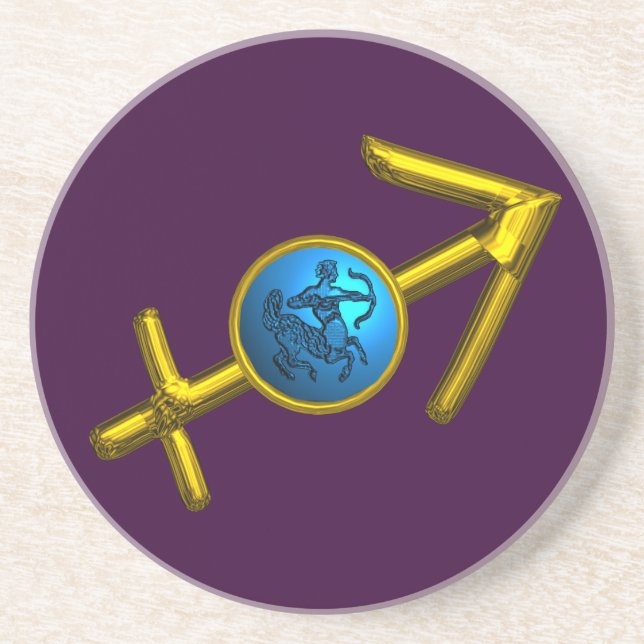 POSAVASOS DE ARENISCA SAGITTARIO, RÓTULO DE CUMPLEAÑOS DE ZODIO AZUL ORO (Frente)