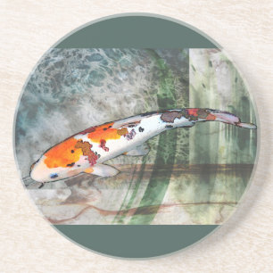 Posavasos De Arenisca Sanke Koi en la charca azul y verde abstracta