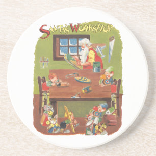 Posavasos De Arenisca Santa Claus vintage de Navidad con duendes en el t