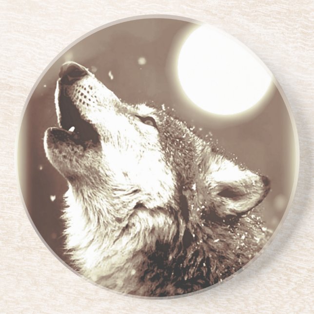 Posavasos De Arenisca Sepia Wolf & Moon (Frente)