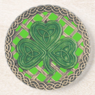 Posavasos De Arenisca Shamrock and Celtic Knots Coaster Green