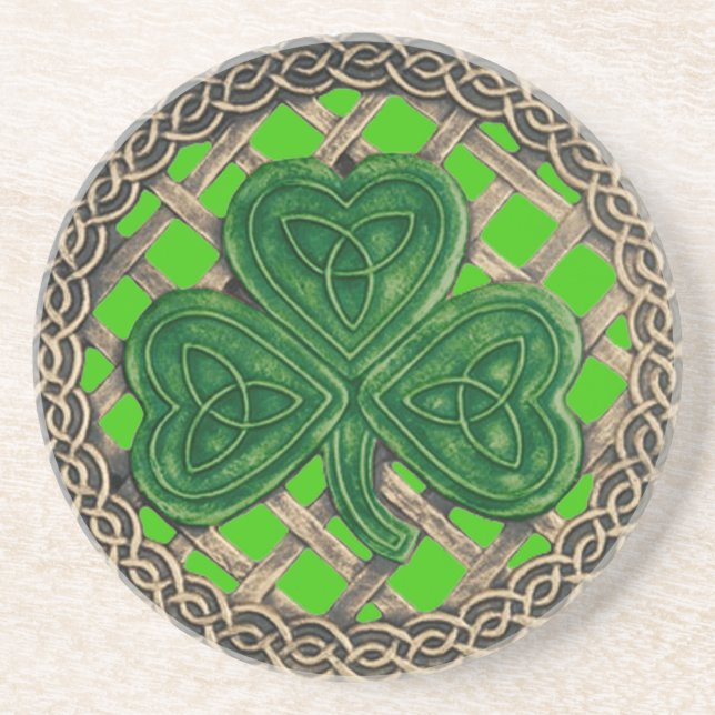 Posavasos De Arenisca Shamrock and Celtic Knots Coaster Green (Frente)