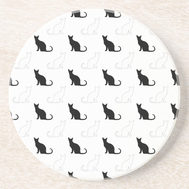 Posavasos De Arenisca Silhouettes de gatos negros y blancos (Frente)