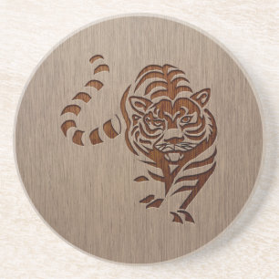 Posavasos De Arenisca Silueta del tigre grabada en el diseño de madera