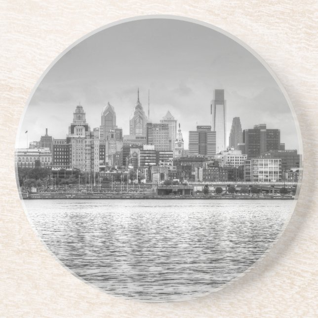 Posavasos De Arenisca Skyline Filadelfia en blanco y negro (Frente)