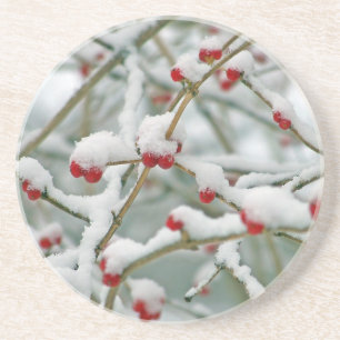 Posavasos De Arenisca Snowy Red Berries Winter Scene Sandstone Coaster