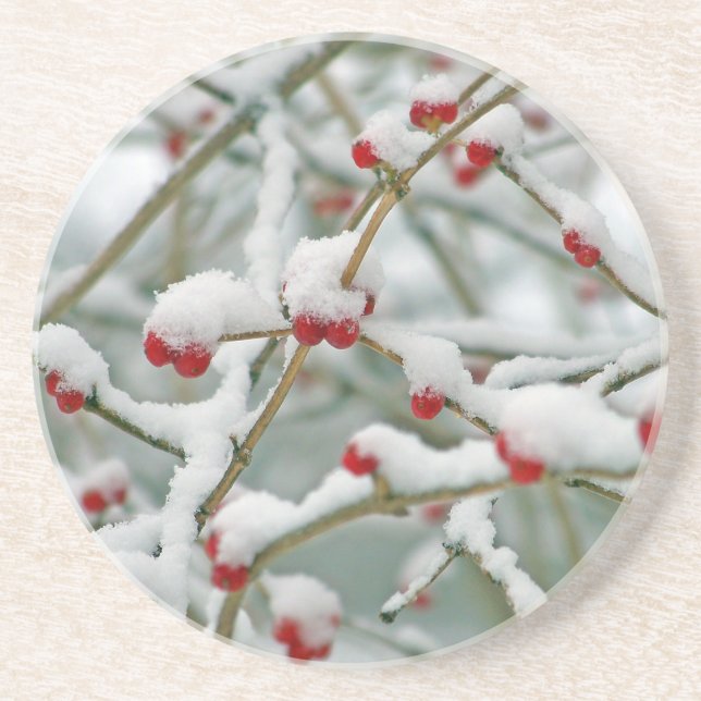 Posavasos De Arenisca Snowy Red Berries Winter Scene Sandstone Coaster (Frente)