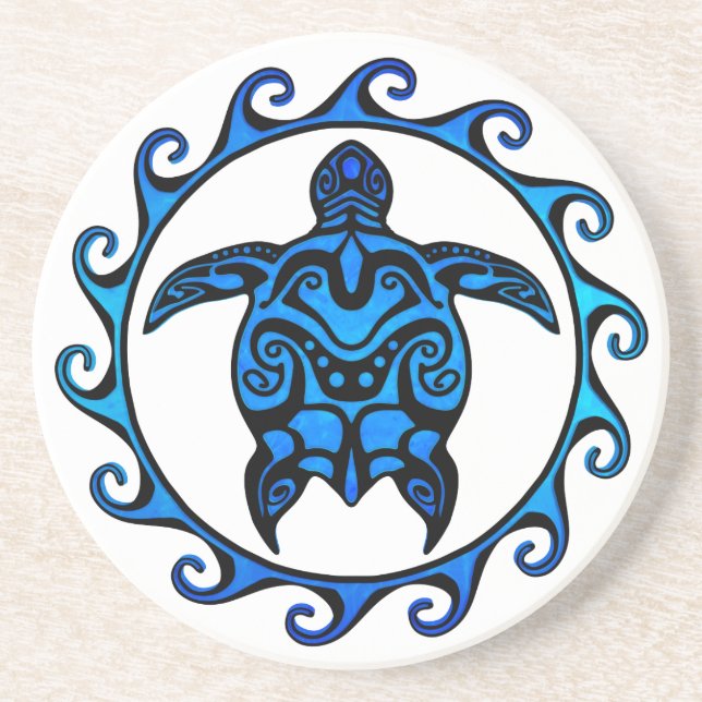 Posavasos De Arenisca Sol azul de tortuga tribal (Frente)