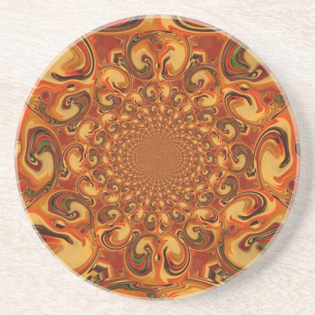 Posavasos De Arenisca Swirling Resumen naranja, tonos marrones y verdes (Frente)