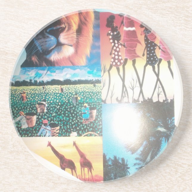 Posavasos De Arenisca Tapiz keniano: Vida silvestre, cultura y playa cos (Frente)