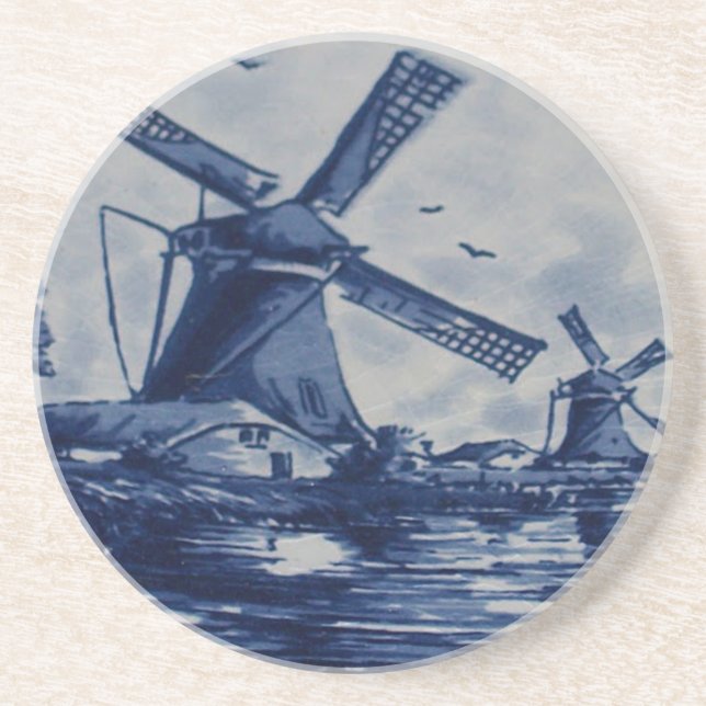 Posavasos De Arenisca Teja azul antigua de Delft - molinoes de viento (Frente)
