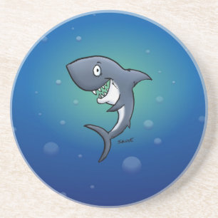Posavasos De Arenisca Tiburón Divertido Sonriendo sobre Fondo Azul
