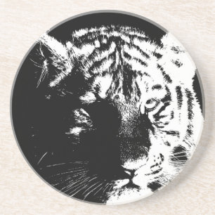Posavasos De Arenisca Tigre de arte pop blanco y negro