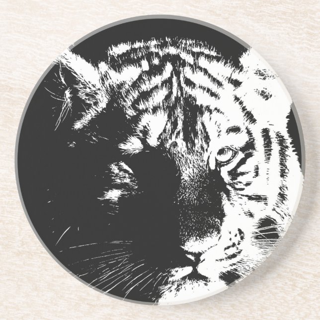 Posavasos De Arenisca Tigre de arte pop blanco y negro (Frente)