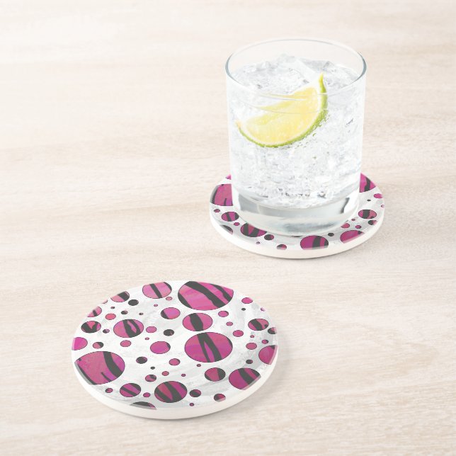 Posavasos De Arenisca Tigre de punto de polka con impresión rosa calient (Lado)