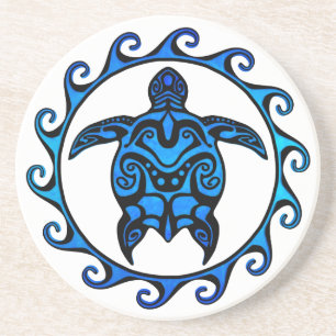 Posavasos De Arenisca Tortuga tribal azul Sun
