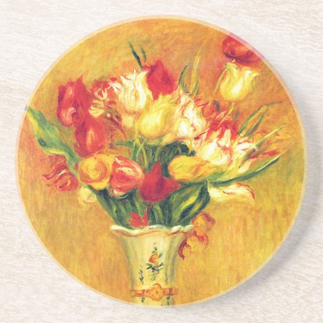 Posavasos De Arenisca Tulipanes de Pierre Renoir, arte del impresionismo (Frente)