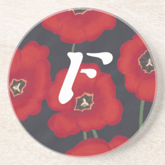 Posavasos De Arenisca Tulipanes rojos brillantes en negro, monogramas