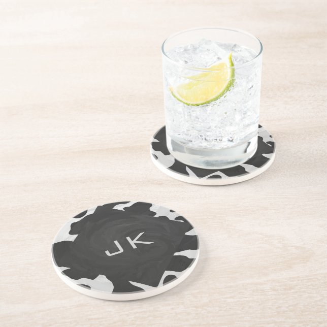 Posavasos De Arenisca Vaca monográfica en blanco y negro (Lado)