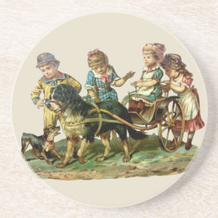 Posavasos De Arenisca Vagón Antiguo de Niños y Perro