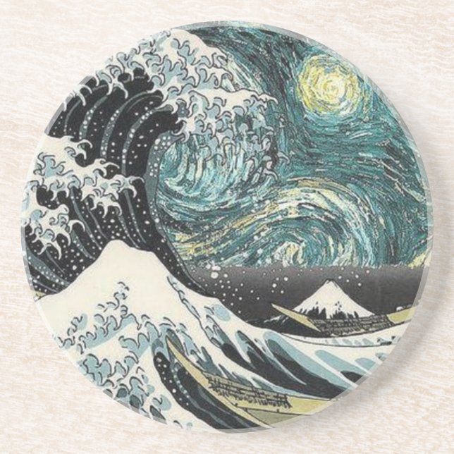 Posavasos De Arenisca Van Gogh la noche estrellada - Hokusai la gran (Frente)