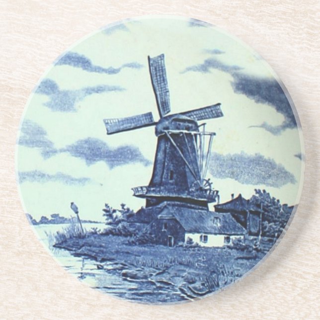 Posavasos De Arenisca Viejo Antiguo Delft Blue Tile - Molino de viento (Frente)