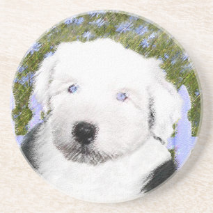 Posavasos De Arenisca Viejo perro pastor inglés con pintura de cachorros