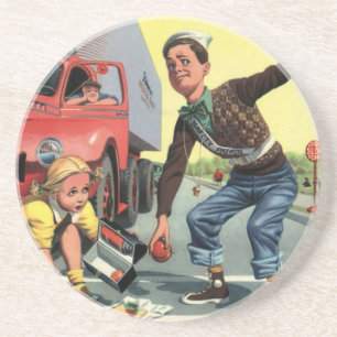 Posavasos De Arenisca Vigilante de seguridad vintage ayudando a una niña
