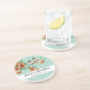 Posavasos De Arenisca Vintage Cherry Blossom Love Bird Peach Mint