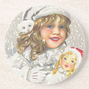 Posavasos De Arenisca Vintage Chica victoriano de Navidad con muñeca en 
