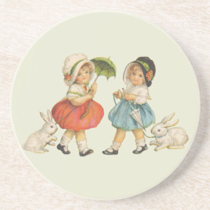 Posavasos De Arenisca Vintage Children and Rabbits