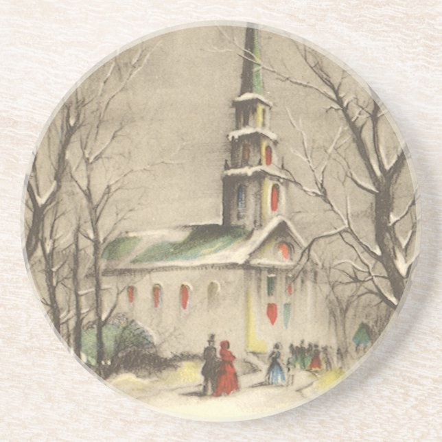 Posavasos De Arenisca Vintage Christmas, Church in Winowscape (Frente)