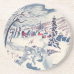 Posavasos De Arenisca Vintage Christmas, Snowscape con Winter Village<br><div class="desc">Ilustracion Vintage Victorian Era Feliz Navidad navideña diseño de temporada de invierno con un pueblo nevado. Un río helado recorre el bosque,  los árboles están cubiertos de nieve y el hielo y las montañas están a lo lejos. ¡Felices fiestas y saludos de temporada!</div>