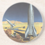 Posavasos De Arenisca Vintage Science Fiction Desert Planet con cohetes<br><div class="desc">Ilustracion vintage futurista en el espacio exterior y planetas ciencia ficción imagen del cohete. Un cohete de ciencia ficción de viajes y transporte retro en un planeta extranjero o una luna con astronautas explorando el terreno en este desconocido mundo extraterrestre. Un clásico de los años 50: el diseño de ciencia...</div>