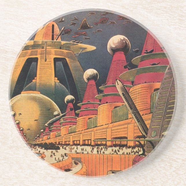 Posavasos De Arenisca Vintage Science Fiction Futuristic City Flying Car (Frente)