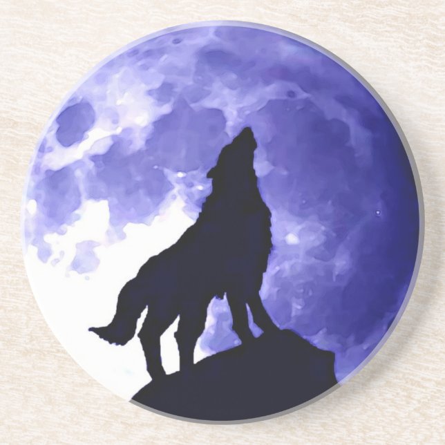 Posavasos De Arenisca Wolf Silhouette y Full Moon (Frente)
