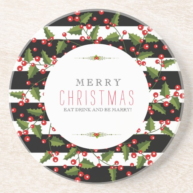 Posavasos De Arenisca Wreath y franjas blancas y negras de navidad (Frente)