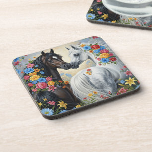Posavasos de caballos enmarcados en flores
