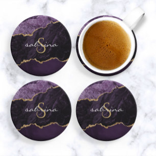 Posavasos de geoda de ágata con monograma púrpura